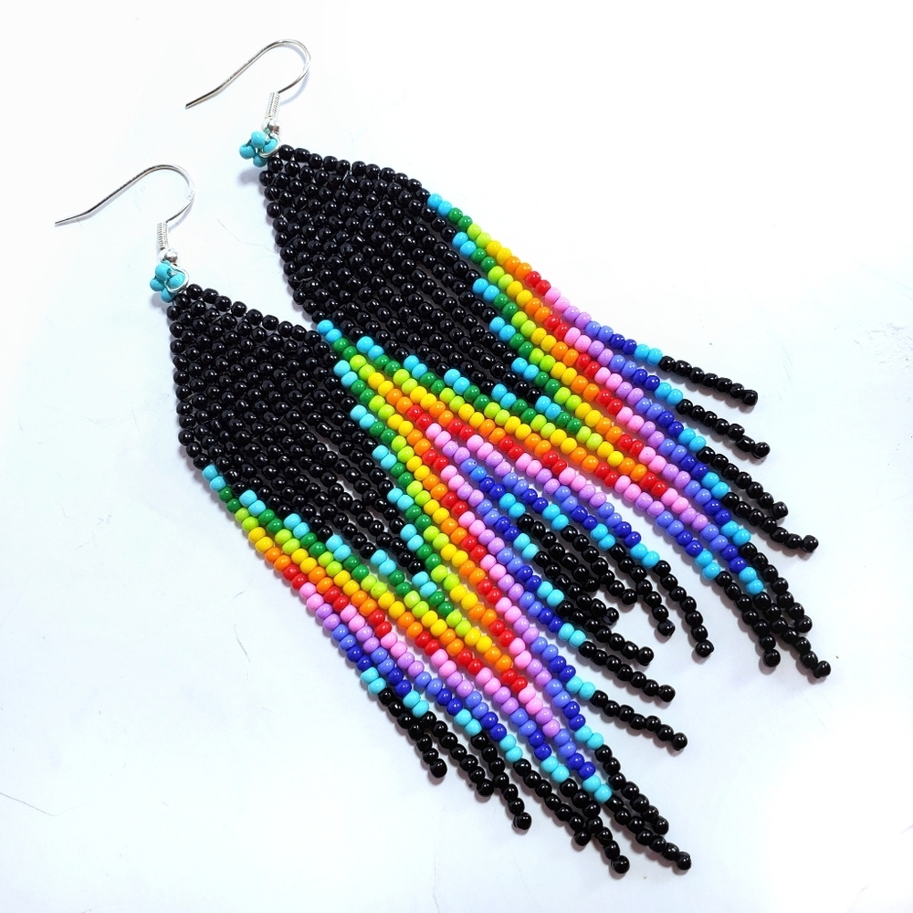 "Dark Side of the Moon" Frings Seed Bead Earrings - Picture 2 of 5